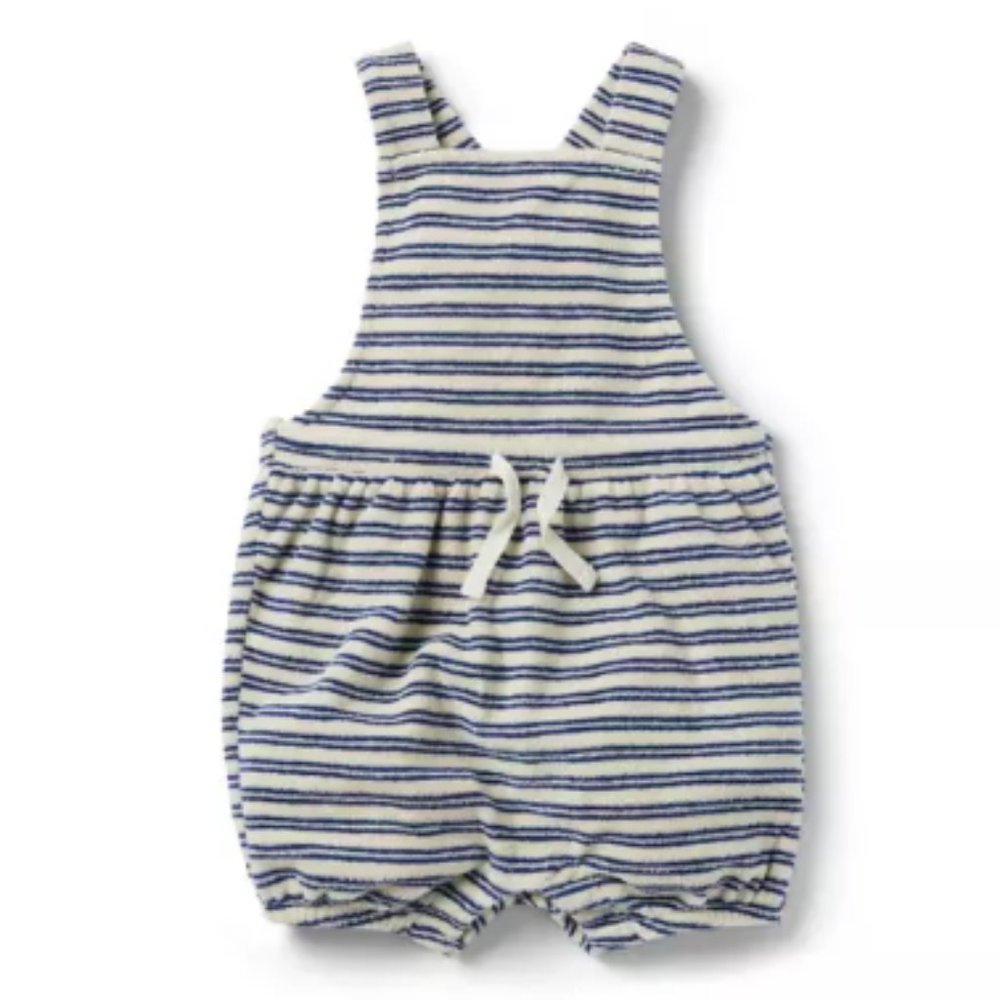 EUC Janie & Jack Navy and White Stripe Terry Cloth Drawstring Bubble Overalls